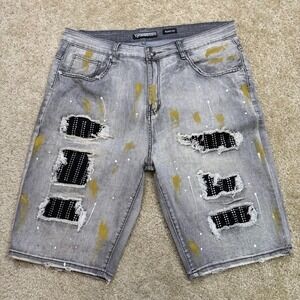 Y2K TR Premium Denim Shorts Mens 38 Gray Distressed‎ Paint Splatter Skinny